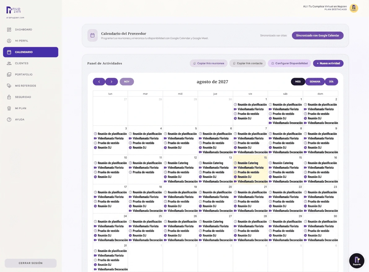 Calendario y agendamiento de citas con Google Meet para proveedores