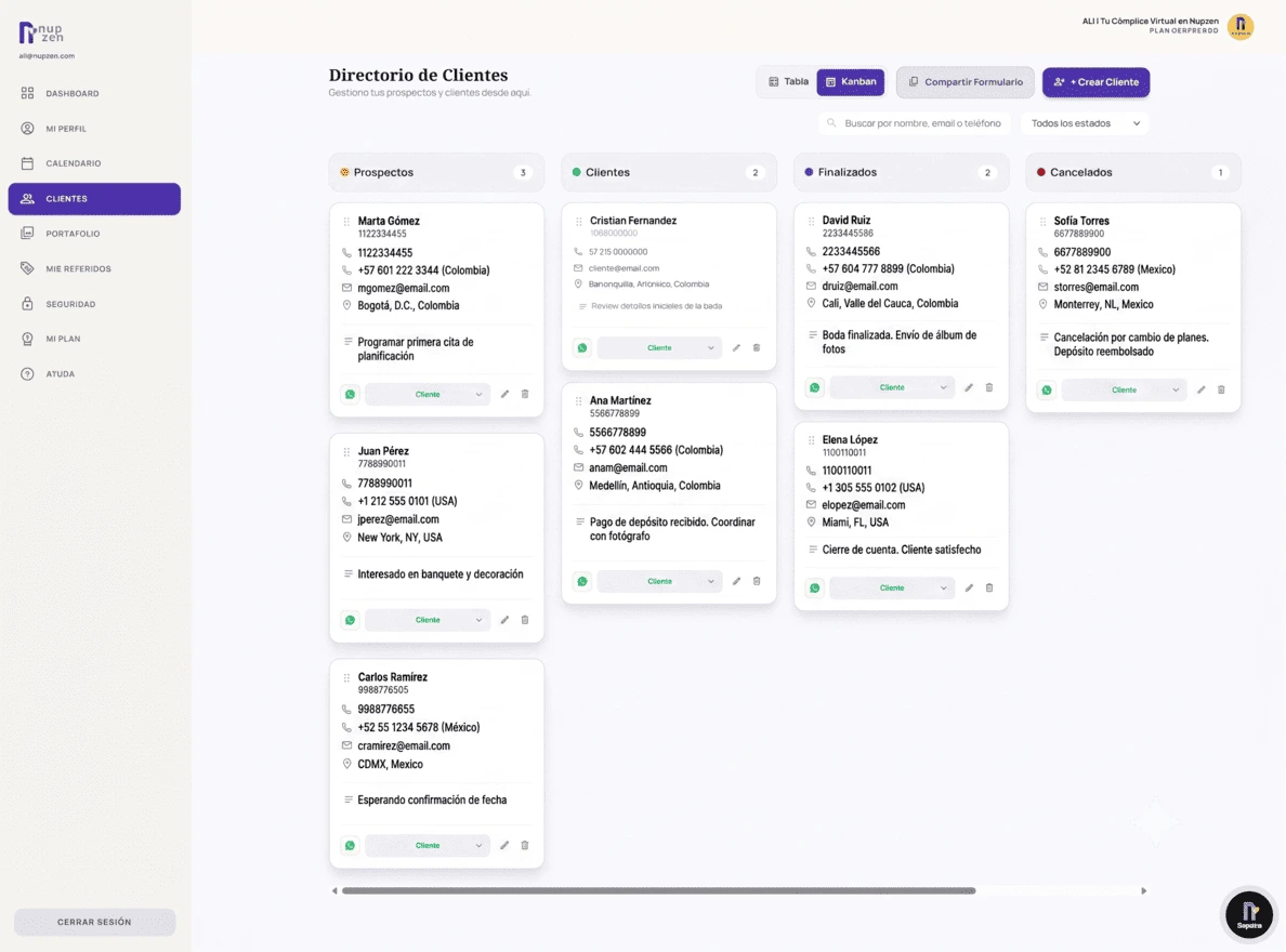 Módulo CRM de gestión y captación de clientes para proveedores Nupzen